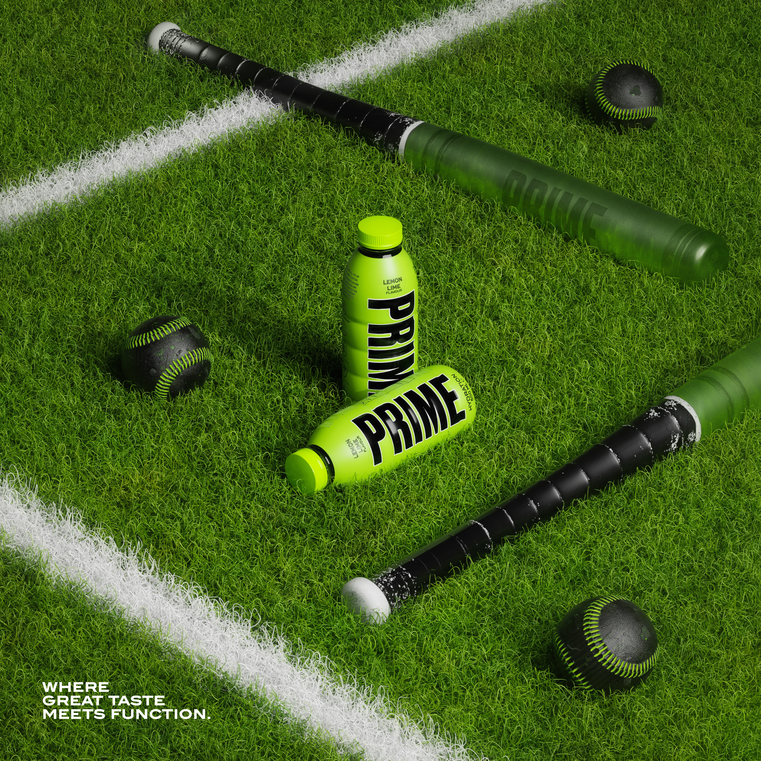 Prime Drinks Lemon Lime bottles in a baseball-inspired 3D scene.