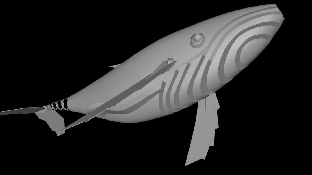 Close render of a futuristic metal whale model.