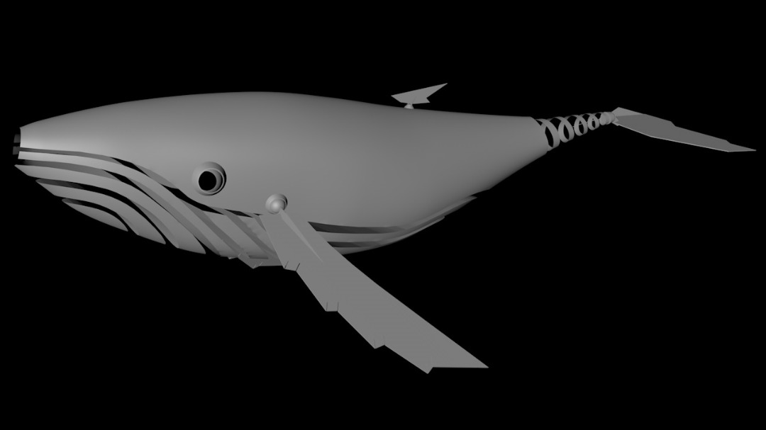 Side render of the CGI metal whale model on a black background.