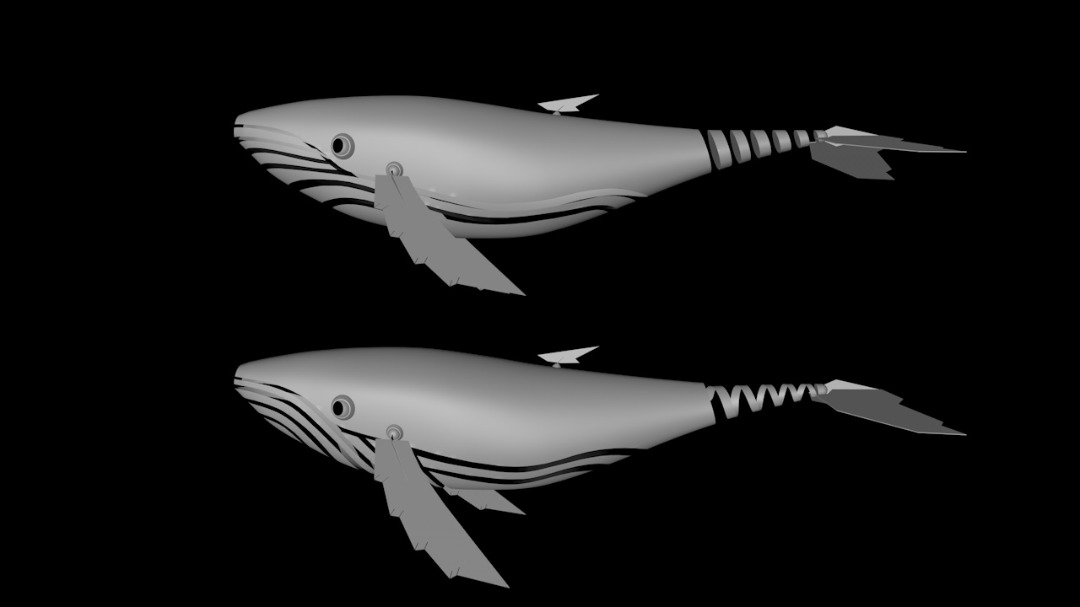 Two side-view concept renders of a futuristic metal whale model.