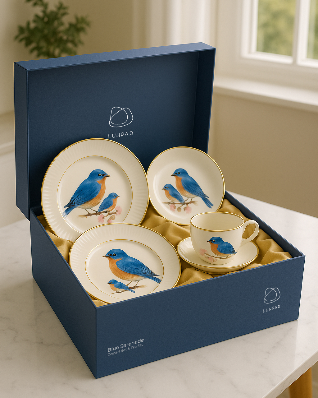 Luhpar Blue Serenade boxed dinnerware with brand mark.