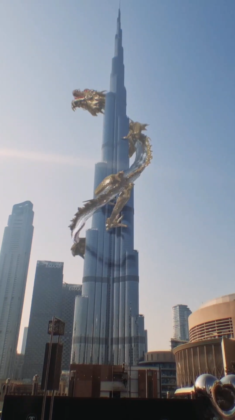 CGI dragon flying around Burj Khalifa in Dubai.
