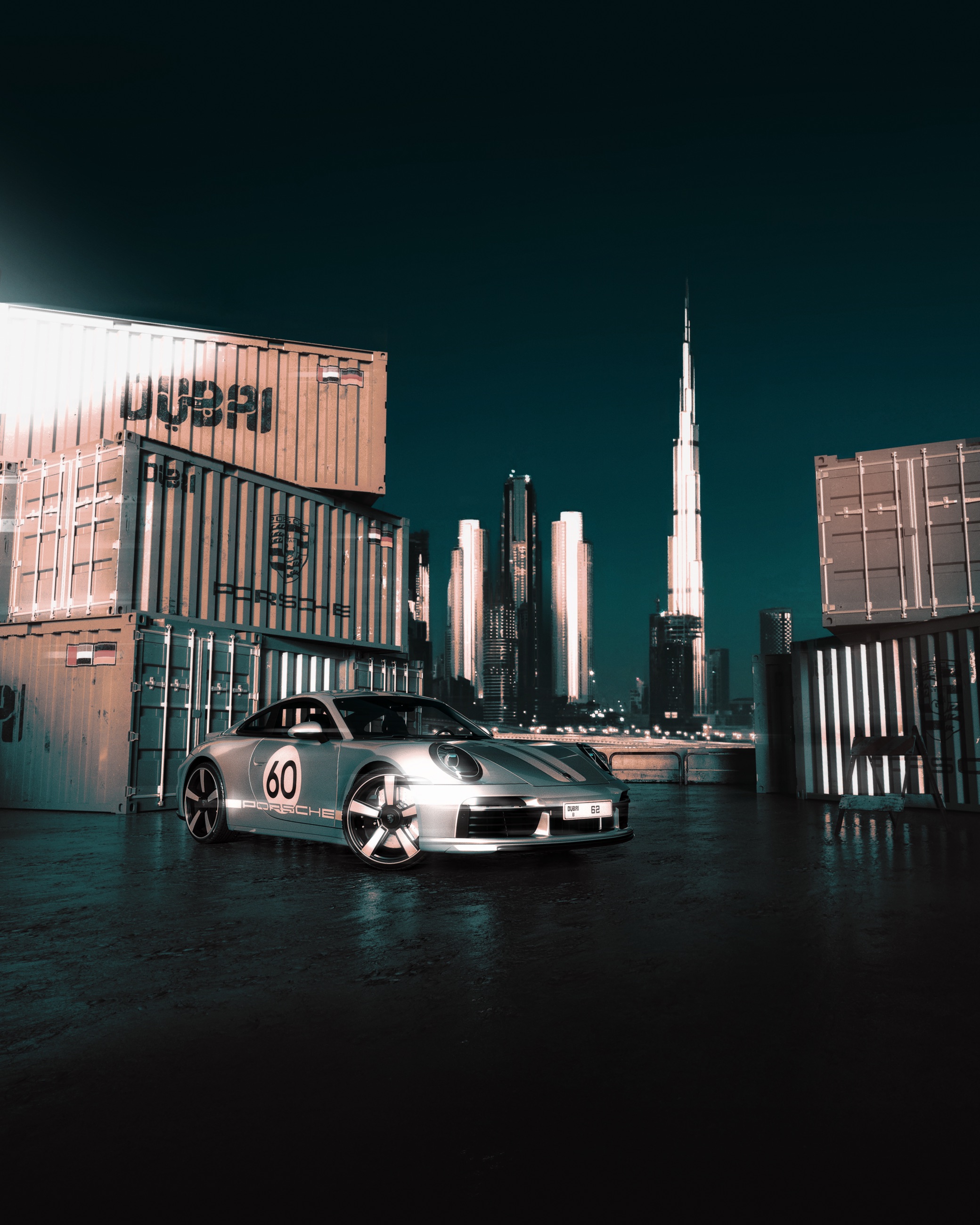 Porsche 911 parked near Dubai containers with skyline backdrop