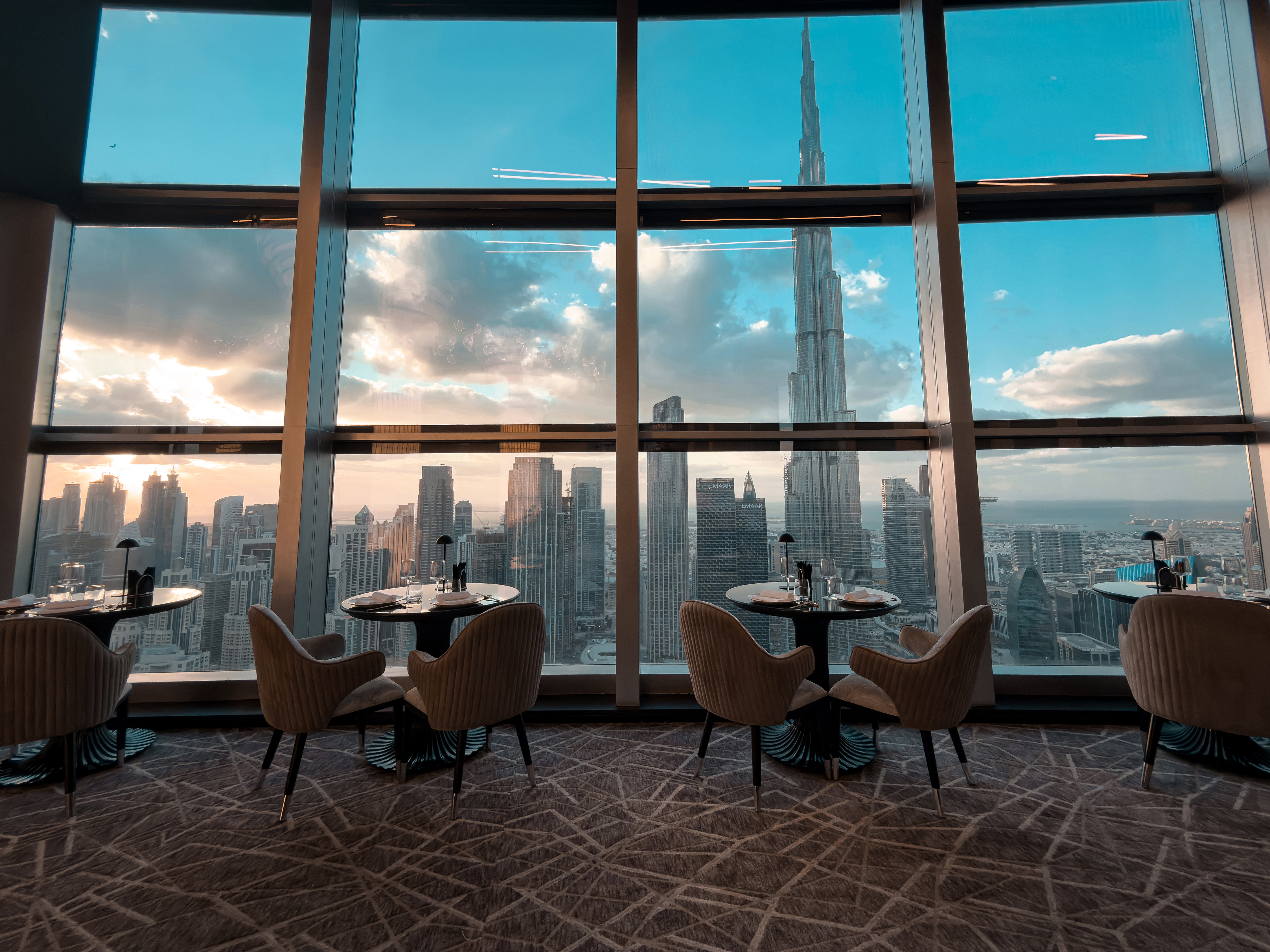 Sunset skyline view from BIRDS Dubai at Address Downtown.