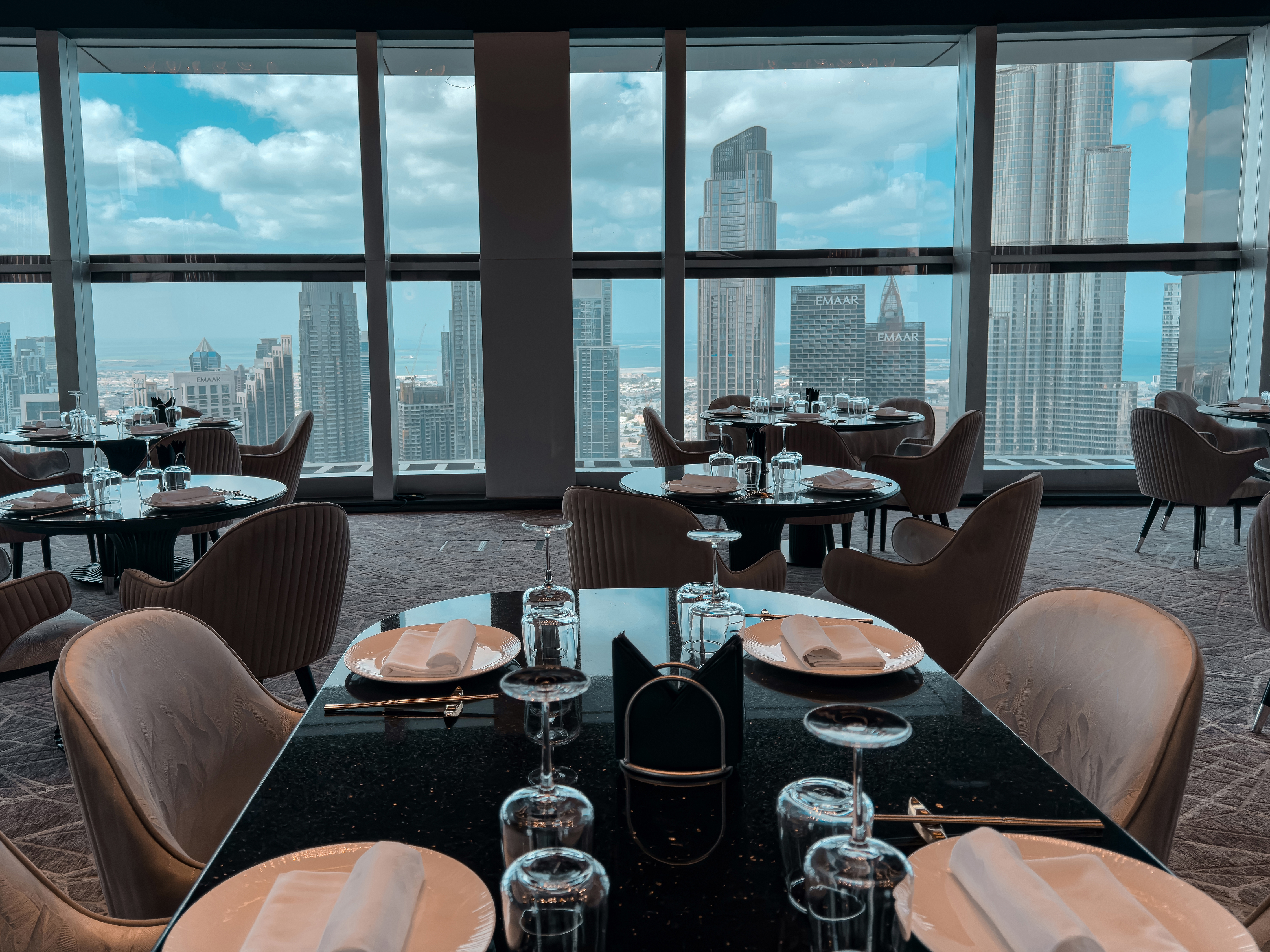 Set dining table overlooking Downtown Dubai from BIRDS.
