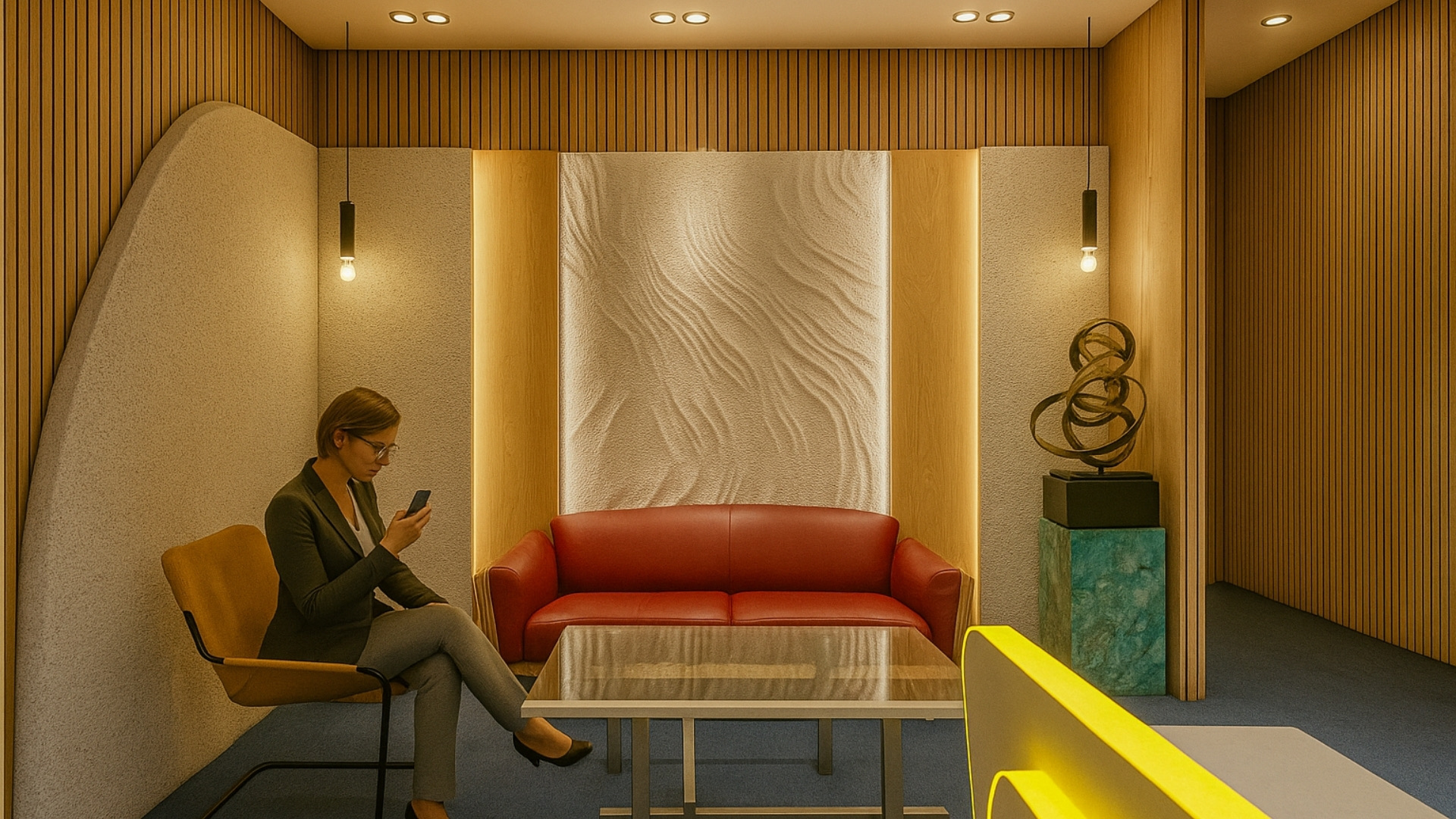 Reception lounge with red sofa