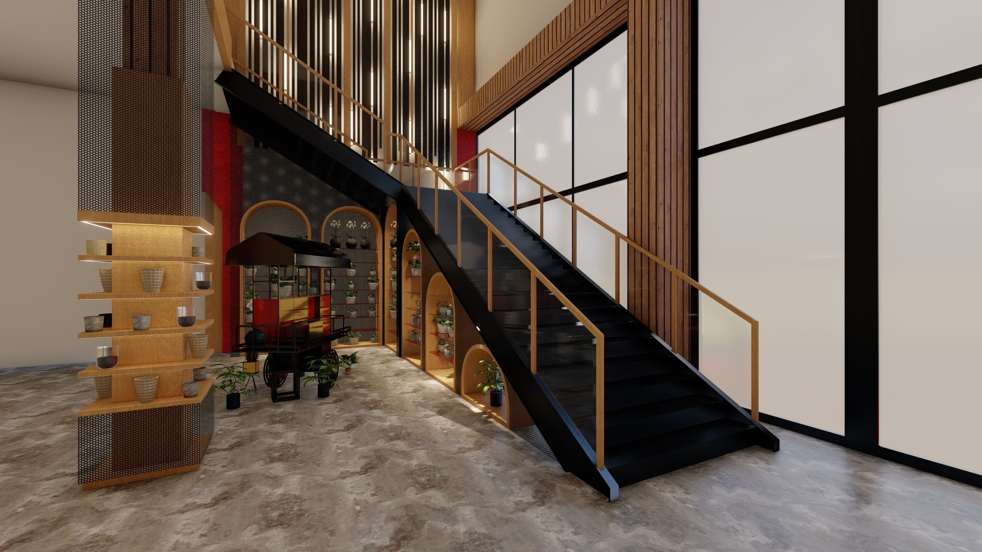 Shopping center staircase and retail